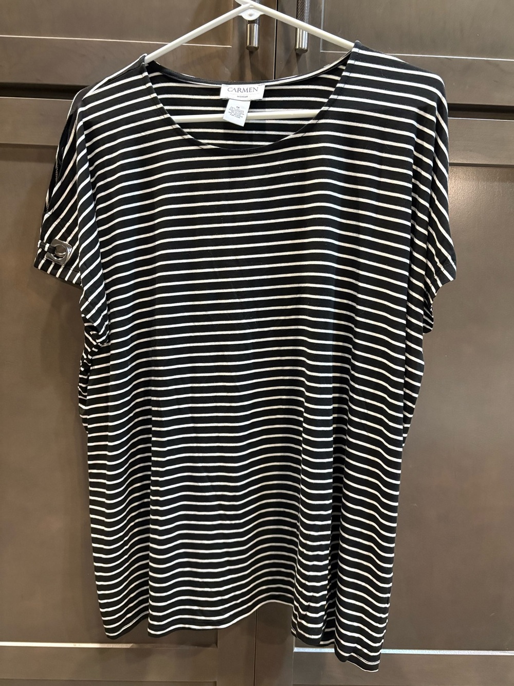 Carmen Woman Black & White Stripe Short Sleeve Tee Top, 1X